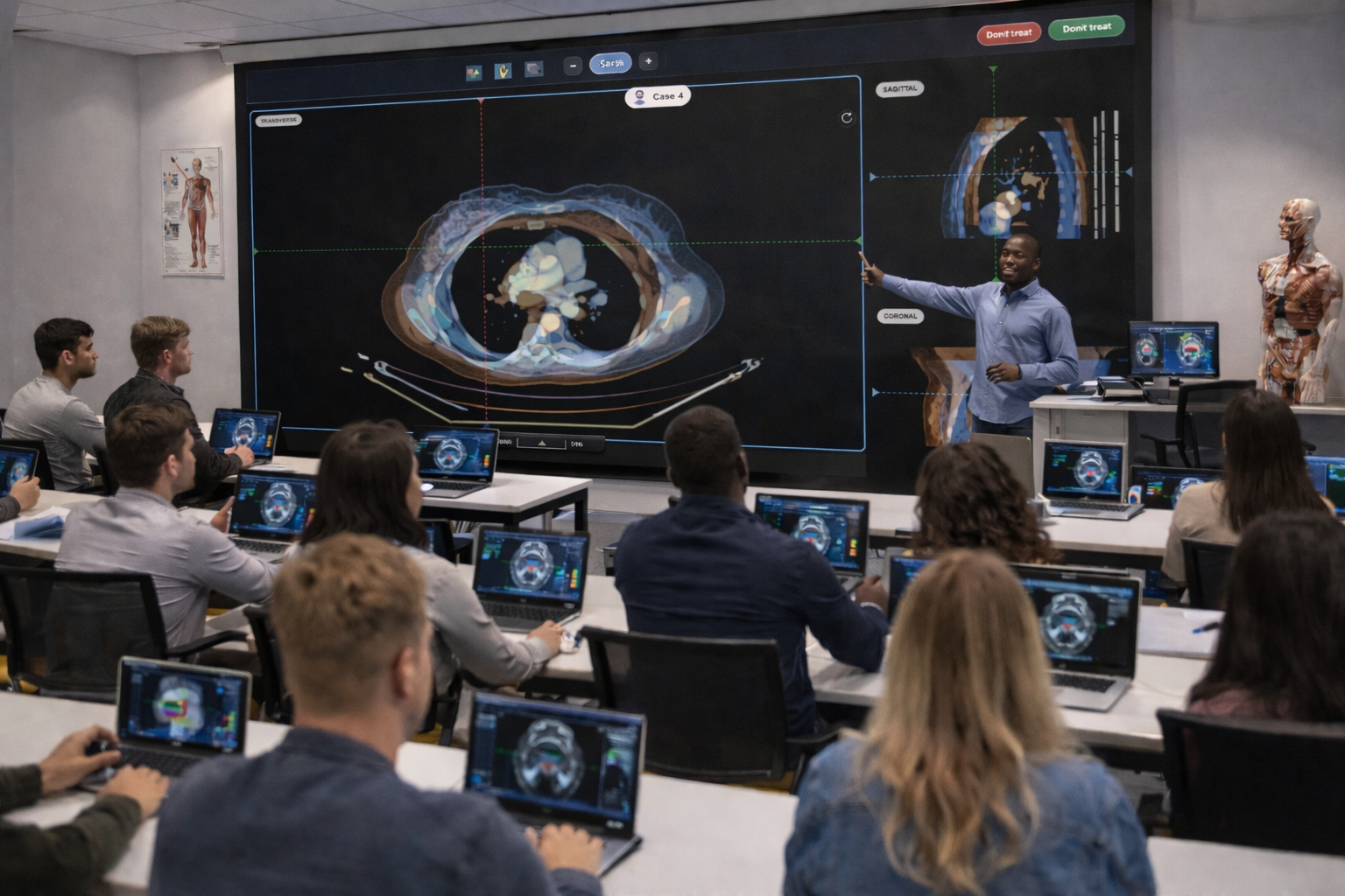 Lecturer presenting radiotherapy image matching to university students